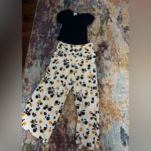 Topshop Orange 🍊 patern Wide Leg cropped Pants and black top with lace detail